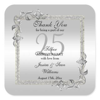 Silver Gem & Glitter 25th Wedding Anniversary Square Sticker