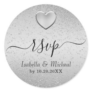 Silver Glitter and  Silver Heart - RSVP   Classic Round Sticker