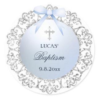 Silver Glitter Frame Blue Bow Baptism Classic Round Sticker