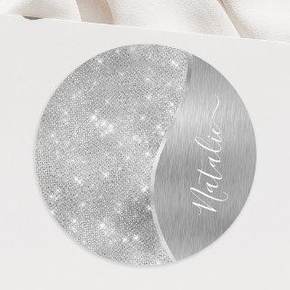 Silver Glitter Glam Bling Personalized Metallic Classic Round Sticker