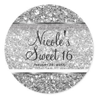 Silver Glitter Glam Sweet 16 Custom Party Favor Classic Round Sticker