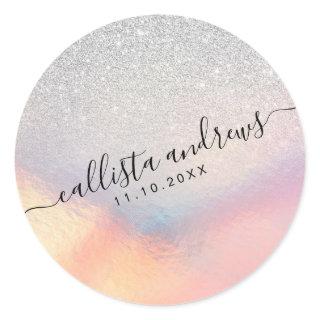 Silver Glitter Iridescent Holographic Gradient Classic Round Sticker