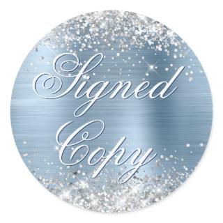 Silver Glitter Light Blue Foil Fancy Signed Copy Classic Round Sticker