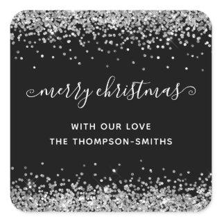 Silver Glitter Merry Christmas Script Names Black Square Sticker