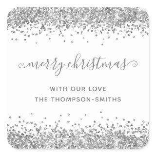 Silver Glitter Merry Christmas Script Names White Square Sticker