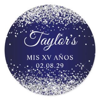 Silver Glitter Navy Blue Mis XV Anos Classic Round Sticker