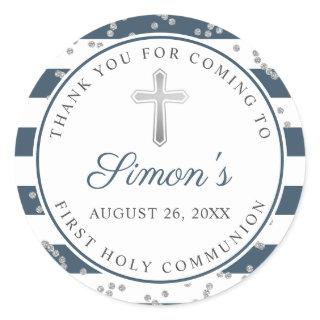 Silver Glitter Navy Blue Stripes First Communion Classic Round Sticker