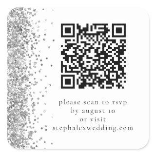 Silver Glitter QR code to RSVP Wedding  Square Sticker