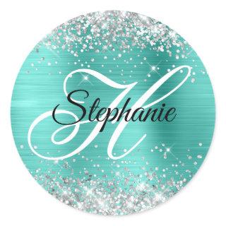 Silver Glitter Turquoise Foil Fancy Monogram Classic Round Sticker