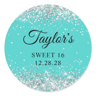 Silver Glitter Turquoise Sweet 16 Classic Round Sticker