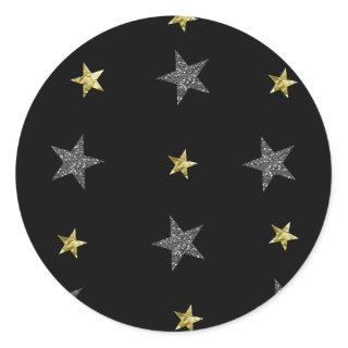 Silver & Gold Stars Black Hollywood Star Party Classic Round Sticker