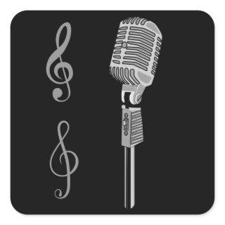 Silver grey hand drawn microphone musical notes square sticker
