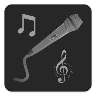 Silver grey hand drawn microphone musical notes square sticker
