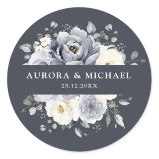 Silver Grey Ivory Floral Winter Rustic Wedding Cla Classic Round Sticker