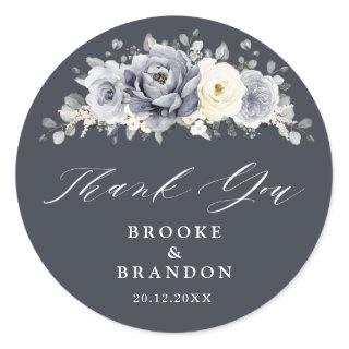 Silver Grey Ivory Floral Winter Wedding Thank you  Classic Round Sticker