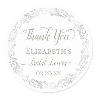 Silver Lace and Sage Green Bridal Shower Thank You Classic Round Sticker