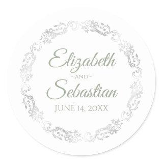 Silver Lace Elegant Sage Green on White Wedding Classic Round Sticker