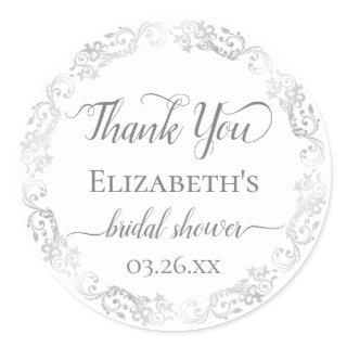 Silver Lace Gray on White Bridal Shower Thank You Classic Round Sticker