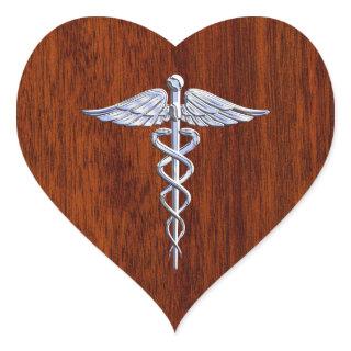 Silver Like Caduceus Medical Symbol Mahogany Print Heart Sticker