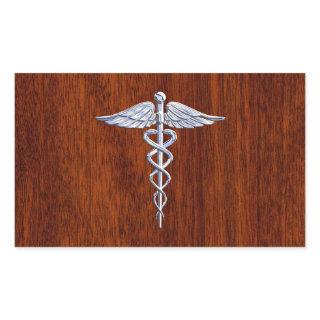 Silver Like Caduceus Medical Symbol Mahogany Print Rectangular Sticker