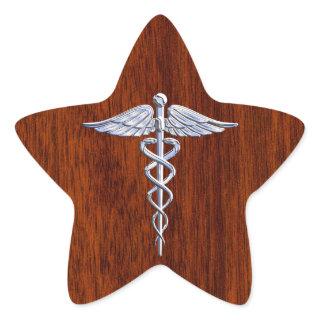Silver Like Caduceus Medical Symbol Mahogany Print Star Sticker