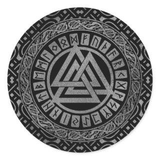 Silver Metallic Valknut Symbol on Celtic Pattern Classic Round Sticker