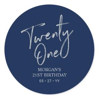 Silver & Navy 21st Birthday Party Favor Thank you Classic Round Sticker