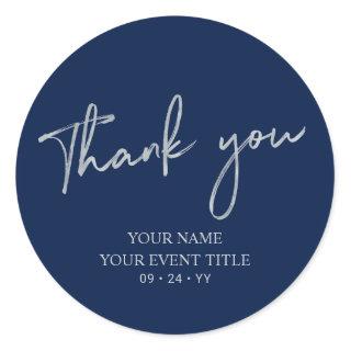 Silver & Navy Blue Birthday Party Thank you Favor Classic Round Sticker