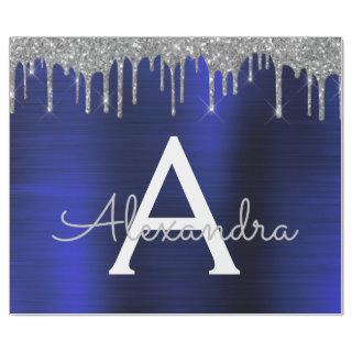 Silver Navy Blue Glitter Brushed Metal Monogram