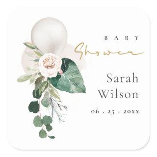 SILVER OFF WHITE BALLOON FLORAL BUNCH BABY SHOWER  SQUARE STICKER