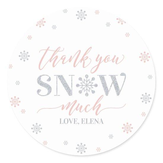 Silver, Pink Winter wonderland Thank you snow much Classic Round Sticker
