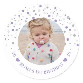 Silver & Purple Balloons 1st Birthday Party Photo Classic Round Sticker