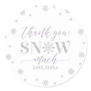 Silver, Purple Winter Party Thank you snow much Classic Round Sticker