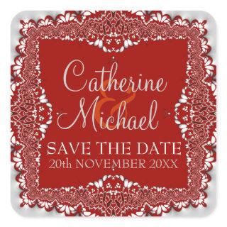 Silver+Red Lace Wedding Save the Date Sticker