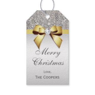 Silver Sequins Gold Diamond Bow Christmas Gift Tags