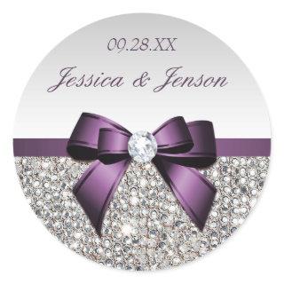 Silver Sequins Purple Bow and Diamond Wedding Classic Round Sticker