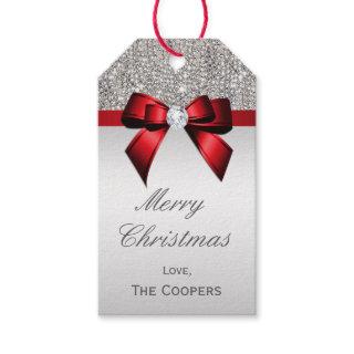 Silver Sequins Red Diamond Bow Christmas Gift Tags