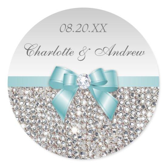 Silver Sequins Teal Bow and Diamond Wedding Classic Round Sticker