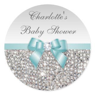 Silver Sequins Teal Bow Diamond Baby Shower Classic Round Sticker