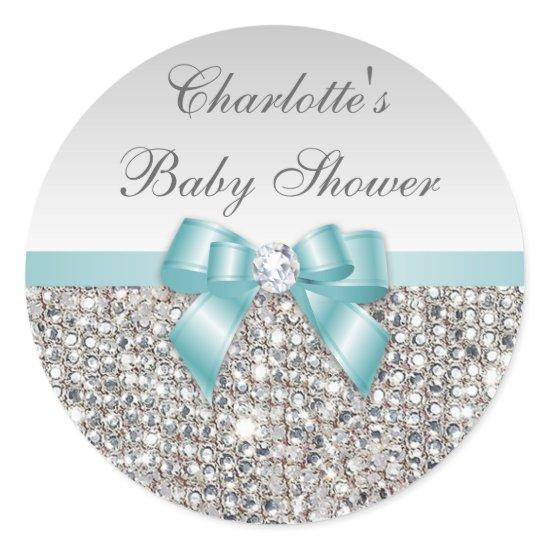 Silver Sequins Teal Bow Diamond Baby Shower Classic Round Sticker