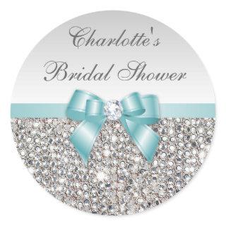 Silver Sequins Teal Bow Diamond Bridal Shower Classic Round Sticker