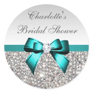 Silver Sequins Teal Diamond Bow Bridal Shower Classic Round Sticker