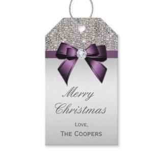 Silver Sequins Violet Diamond Bow Christmas Gift Tags
