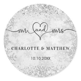 Silver snow names mr mrs elegant winter wedding classic round sticker