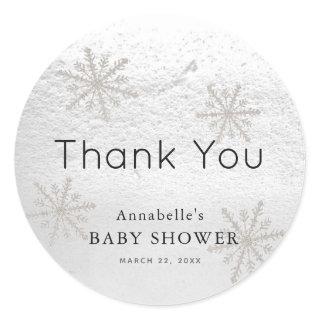 Silver Snowflakes White Snow Baby Shower Thank You Classic Round Sticker