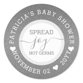 Silver Spread Joy Baby Shower Hand Sanitizer Favor Classic Round Sticker