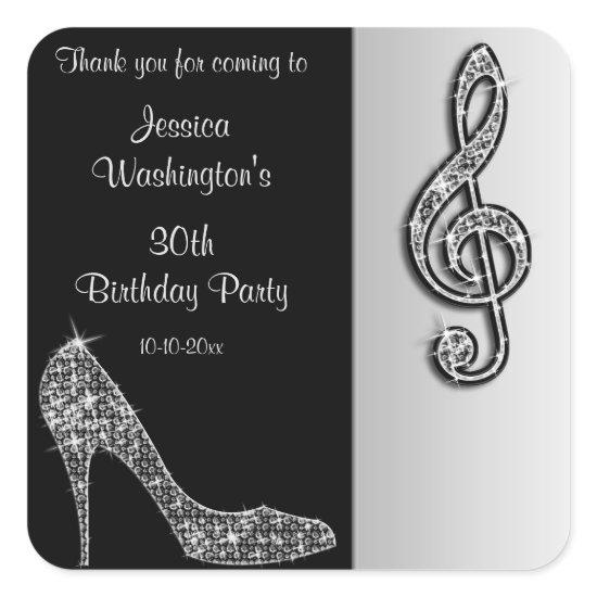 Silver Stiletto & Treble Cleft Birthday Thank You Square Sticker