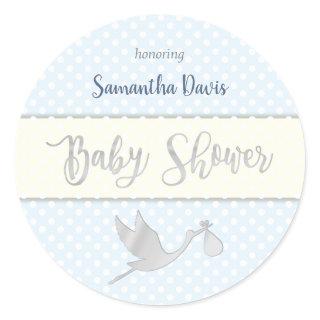 Silver Stork Baby Boy Baby Shower Classic Round Sticker