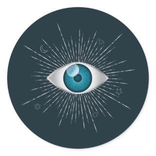 Silver & Teal Blue Mystic Aqua Evil Eye Nazar Mati Classic Round Sticker