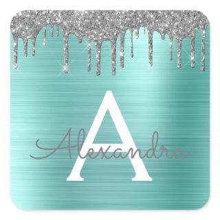 Silver Teal Glitter Brushed Metal Monogram Name Square Sticker